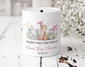 Personalised Money Box, Safari,First Birthday Gifts, Girls,Baby,Kids,Piggy Bank, Granddaughter,1st Birthday,Goddaughter,Nursery Decor