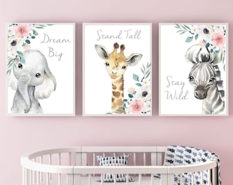 Set of 3 Safari Floral Animals, Nursery Prints, Nursery Decor, Girls Nursery Decor, Safari Nursery, Safari Nursery Decor, Woodland Prints