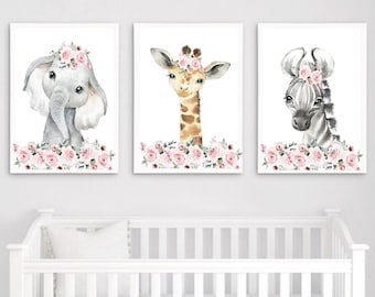 Safari Floral Animals, Nursery Prints, Nursery Decor, Girls Nursery Decor, Safari Nursery, Safari Nursery Decor, Girls Bedroom Prints,