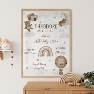 Decorazioni per la cameretta del bambino, regalo per neonato, dati di nascita, ricordo del bambino, personalizzato, neonato, ricordo neonata, stampe per la cameretta del bambino, cameretta dell'orsacchiotto, neutro