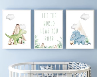 Set of 3, Dinosaur Prints, Dinosaur Nursery Prints, Nursery Decor, Boys Bedroom Decor, Dinosaur Decor, Boys Room Wall Art, Dinosaur Wall Art