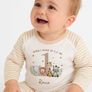 Pijamas personalizados para el primer cumpleaños, pijamas When I Wake Up Will Be 1, pijamas para el primer cumpleaños, I am One, pijamas de cumpleaños Safari Jungle, niños, niñas