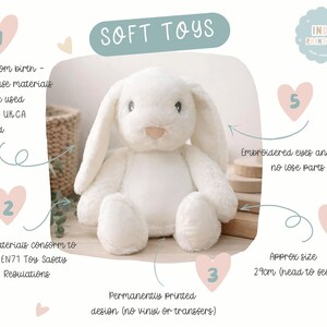 May include: A white plush rabbit toy with long ears, embroidered eyes, and a nose. Text includes: SOFT TOYS, INDIE PRINTS CO, Safe from birth, Child safe materials, CE and UKCA certified, BS EN71 Toy Safety Regulations, Permanently printed design, 29cm.