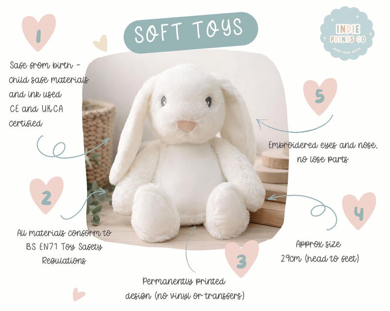 May include: A white plush rabbit toy with long ears, embroidered eyes, and a nose. Text includes: SOFT TOYS, INDIE PRINTS CO, Safe from birth, Child safe materials, CE and UKCA certified, BS EN71 Toy Safety Regulations, Permanently printed design, 29cm.
