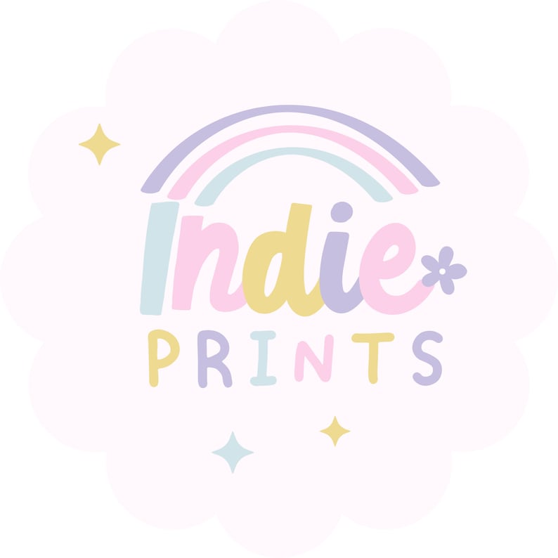 May include: A pastel-colored logo with the text "Indie PRINTS" in a whimsical font. A rainbow arches over the word "Indie". The logo is set against a light pink cloud-shaped background with star accents.