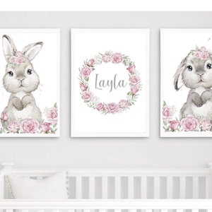 Bunny Prints, Girls Nursery Decor, Girls Bedroom Prints, Baby Girl, New Baby Gifts, Bunny Rabbit Decor, Pink Bedroom, Floral, Girls Prints