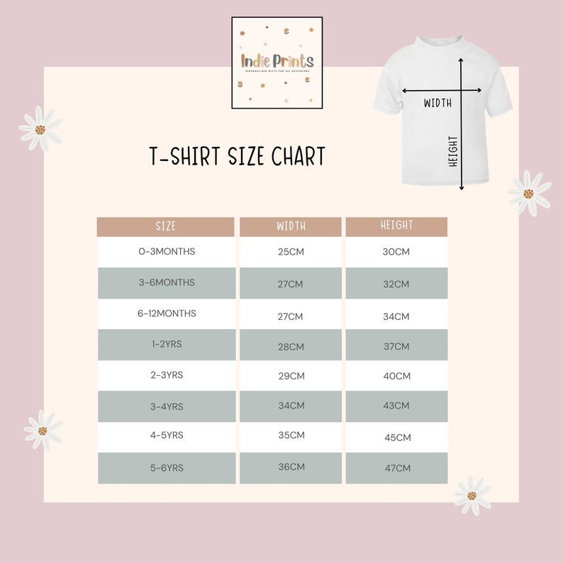 Pu&ograve; includere: Una tabella delle taglie delle t-shirt con misure in centimetri. La tabella include taglie da 0-3 mesi a 5-6 anni, con le corrispondenti misure di larghezza e altezza. La tabella &egrave; su sfondo rosa chiaro con accenti di margherite.
