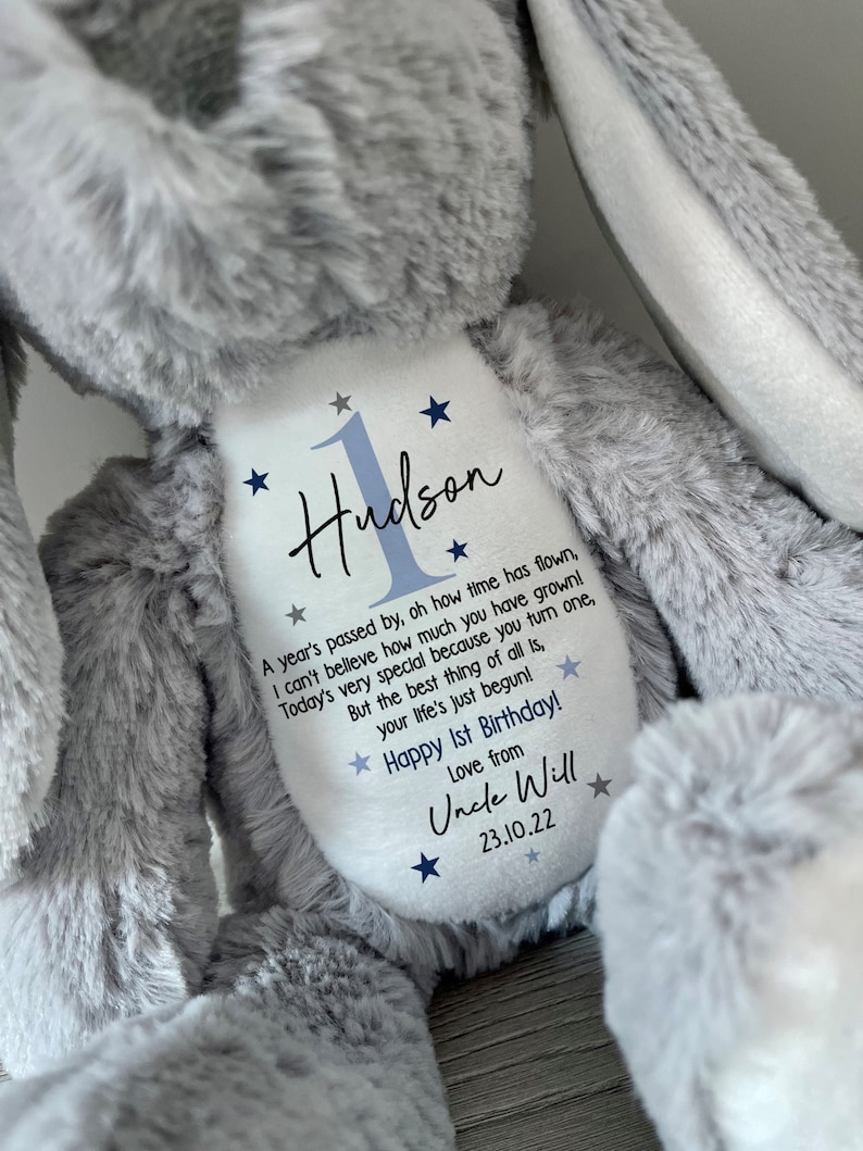 Personalised 1st Birthday Gift,First Birthday Gift,Boys,Girls,Keepsake,Granddaughter,Grandson,Baby Gift,Goddaughter,Godson,Bunny,Teddy BLUE - with bag