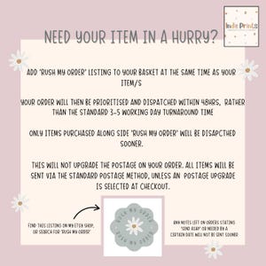 May include: A light pink graphic with text that reads "Need your item in a hurry?" and details about a "Rush My Order" option. Includes a logo for "Indie Prints" and a circular graphic that says "Rush My Order".