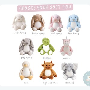 May include: A collection of plush soft toys featuring a white, brown, pink, blue, and grey bunny, a green dinosaur, a pink unicorn, a yellow and white duck, a brown highland cow, and a grey elephant, with the text CHOOSE YOUR SOFT TOY.
