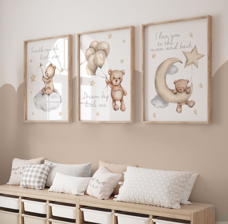 set of 3 nursery prints,teddy bear nursery,gender neutral nursery decor,baby boys,baby girls,unisex nursery,nursery decor,nursery wall art Beige