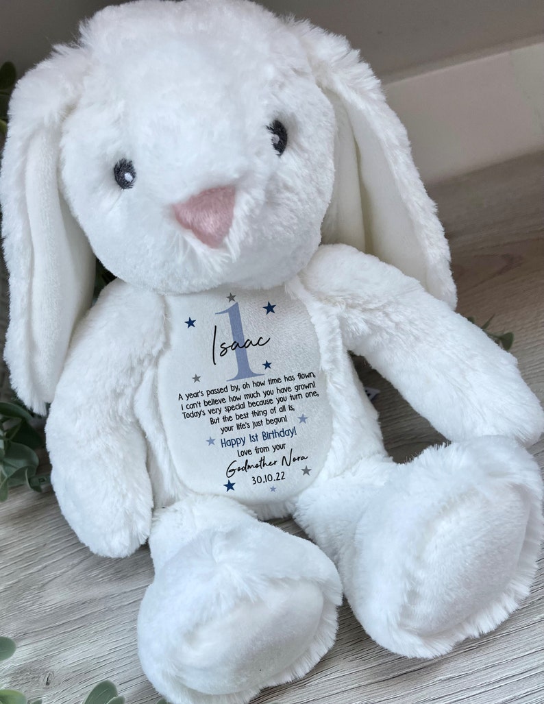 Personalised 1st Birthday Gift,First Birthday Gift,Boys,Girls,Keepsake,Granddaughter,Grandson,Baby Gift,Goddaughter,Godson,Bunny,Teddy BLUE - no bag