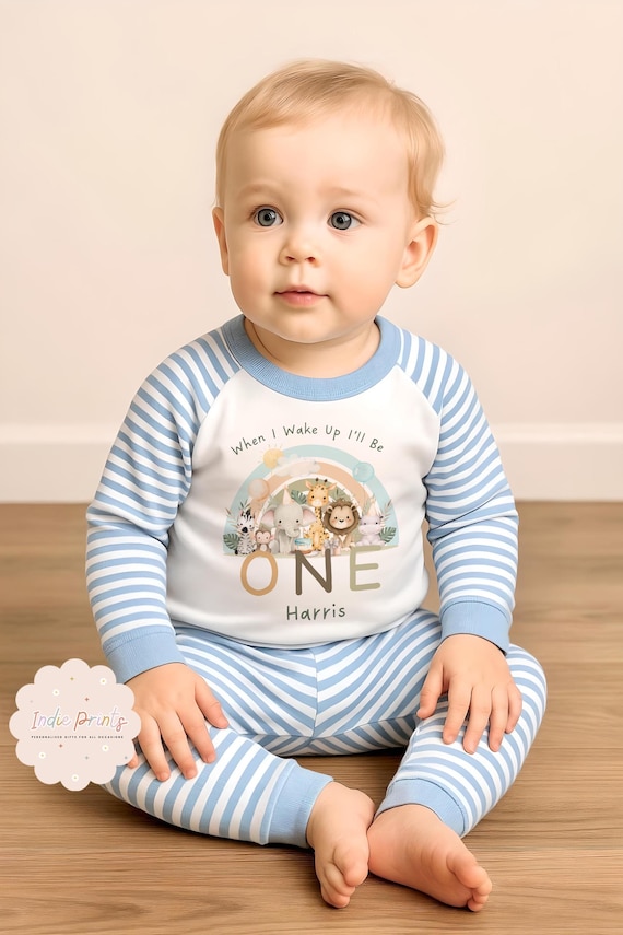 Baby's First Birthday Pjs Personalised Blue Striped Boys - Main Image