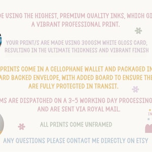 May include: Image with text stating prints are made with premium inks on 300gsm white gloss card. Prints are packaged in a cellophane wallet and board-backed envelope. Text also mentions unframed prints and Etsy contact.
