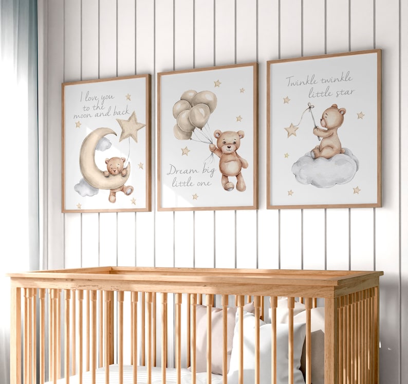 set of 3 nursery prints,teddy bear nursery,gender neutral nursery decor,baby boys,baby girls,unisex nursery,nursery decor,nursery wall art image 5