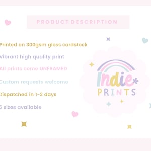 May include: A light pink graphic with the text "PRODUCT DESCRIPTION" and product details. The details include: printed on 300gsm gloss cardstock, vibrant high quality print, all prints come unframed, custom requests welcome.