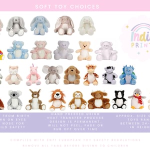 Puede incluir: Colecci&oacute;n de peluches suaves con forma de animales, incluyendo conejos, osos y un dinosaurio. Los juguetes son de varios colores y tama&ntilde;os, con ojos y nariz cosidos para la seguridad infantil. El texto "SOFT TOY CHOICES" e "Indie Prints" son visibles.
