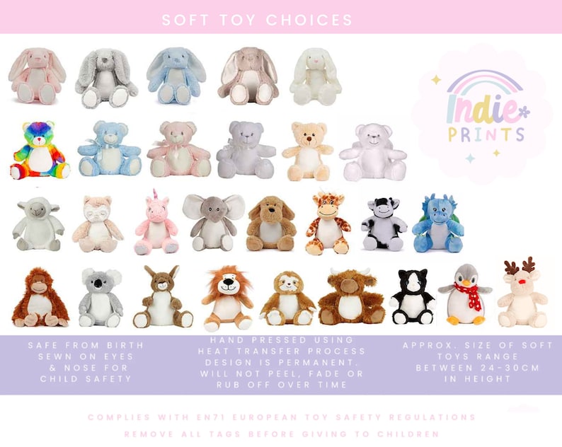 Puede incluir: Colecci&oacute;n de peluches suaves con forma de animales, incluyendo conejos, osos y un dinosaurio. Los juguetes son de varios colores y tama&ntilde;os, con ojos y nariz cosidos para la seguridad infantil. El texto "SOFT TOY CHOICES" e "Indie Prints" son visibles.