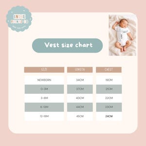 May include: A vest size chart for infants featuring the Indie Prints Co logo, a photo of a baby in a white bodysuit with length and chest measurement arrows, and a table listing sizes from newborn to 12-18 months with metric measurements.