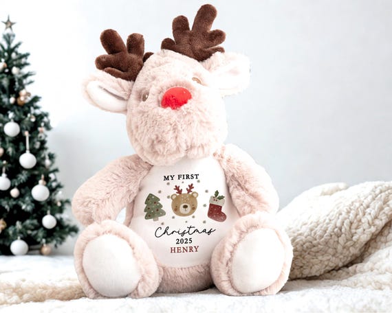 Baby's First Christmas Gift, First Christmas Present, Keepsake Christmas Soft Toy, Personalised Baby's 1st Christmas Reindeer Toy, Newborn