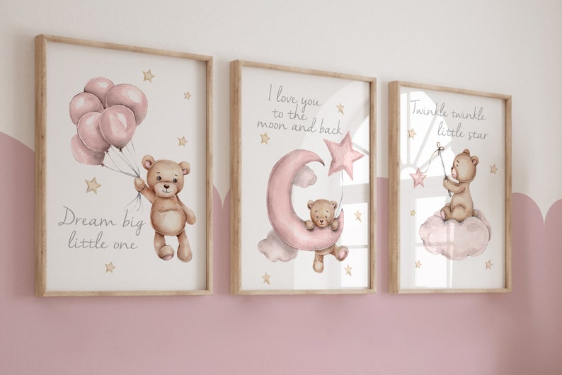 set of 3 nursery prints,teddy bear nursery,gender neutral nursery decor,baby boys,baby girls,unisex nursery,nursery decor,nursery wall art Pink