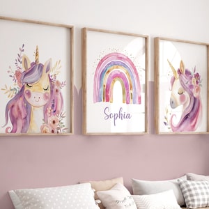 Juego de 3 impresiones de unicornio, personalizadas, decoración de dormitorio de niña, decoración de unicornio, arte de pared, bohemio, temática de unicornio, dormitorio de niña, decoración rosa, guardería