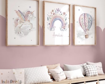 Set of 3, Unicorn Prints, Personalised, Girl Bedroom Accessories, Unicorn Decor,  Girly Wall Art, Unicorn Theme, Girls Bedroom,Floral Prints