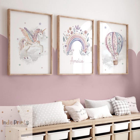 Set of 3, Unicorn Prints, Personalised, Girl Bedroom Accessories, Unicorn Decor,  Girly Wall Art, Unicorn Theme, Girls Bedroom,Floral Prints