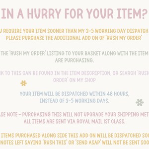 May include: Text on a cream background reads "IN A HURRY FOR YOUR ITEM?" and details how to expedite an order. The text is in various colors, with floral accents. The Indie Prints Company logo is in the upper right corner.
