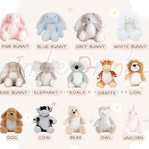 Peut inclure: Collection de peluches repr&eacute;sentant des animaux : lapins roses, bleus, gris et blancs, un &eacute;l&eacute;phant, un koala, une girafe, un lion, un chien, une vache, un ours, un hibou et une licorne. Chaque animal a son nom.