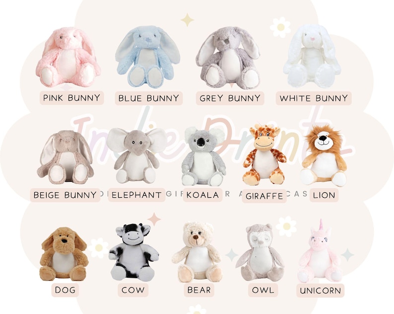 Peut inclure: Collection de peluches repr&eacute;sentant des animaux : lapins roses, bleus, gris et blancs, un &eacute;l&eacute;phant, un koala, une girafe, un lion, un chien, une vache, un ours, un hibou et une licorne. Chaque animal a son nom.