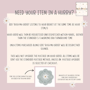 Pode incluir: Gr&aacute;fico rosa claro com texto que diz "Precisa do seu item com urg&ecirc;ncia?" e detalhes sobre uma op&ccedil;&atilde;o "Rush My Order". Inclui um logotipo para "Indie Prints" e um gr&aacute;fico circular que diz "Rush My Order".