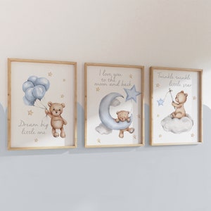 set of 3 nursery prints,teddy bear nursery,gender neutral nursery decor,baby boys,baby girls,unisex nursery,nursery decor,nursery wall art Blue