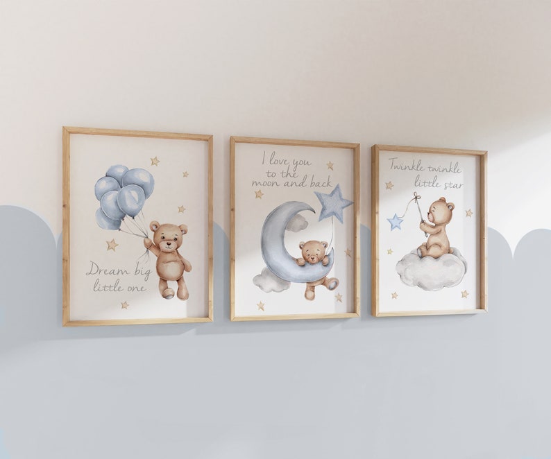 set of 3 nursery prints,teddy bear nursery,gender neutral nursery decor,baby boys,baby girls,unisex nursery,nursery decor,nursery wall art Blue