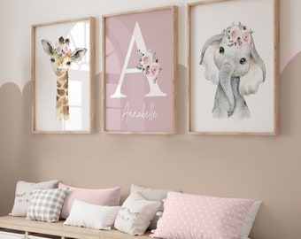 Girls Nursery Prints,Safari Nursery Prints,Girls Nursery Decor,Baby Girl Room,jungle nursery,safari animal,floral nursery,pink,personalised