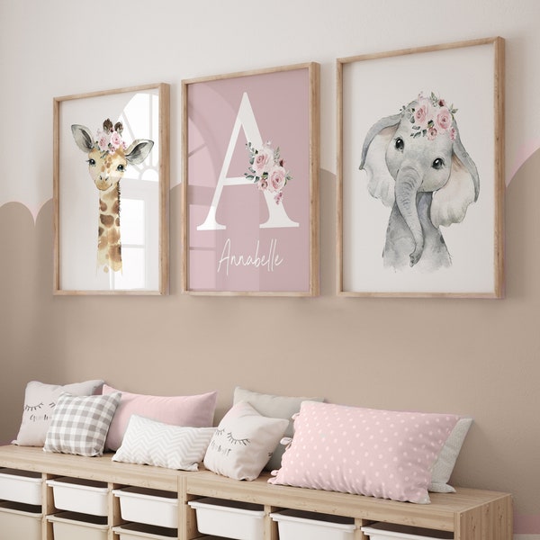 Meisjes kinderkamer prints, safari kinderkamer prints, meisjes kinderkamer decor, baby meisje kamer, jungle kinderkamer, safari dieren, bloemen kwekerij, roze, gepersonaliseerd