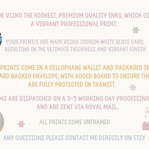 May include: Image with text stating prints are made with premium inks on 300gsm white gloss card. Prints are packaged in a cellophane wallet and board-backed envelope. Text also mentions unframed prints and Etsy contact.