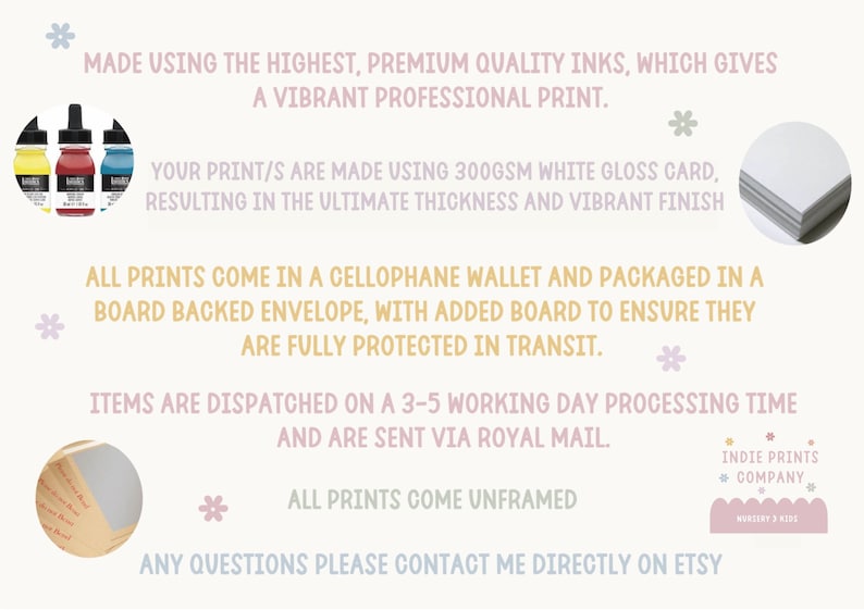 May include: Image with text stating prints are made with premium inks on 300gsm white gloss card. Prints are packaged in a cellophane wallet and board-backed envelope. Text also mentions unframed prints and Etsy contact.