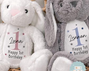 Personalised First Birthday Bunny Soft Toy, 1st Birthday Keepsake Gift, Birthday Teddy Bear, Boy and Girls
