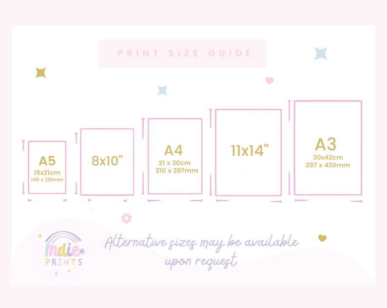 May include: Print size guide with dimensions for A5 (5.8 x 8.3 inches), 8x10 inches, A4 (8.3 x 11.7 inches), 11x14 inches, and A3 (11.7 x 16.5 inches) prints. The guide is on a light pink background with decorative stars and hearts.