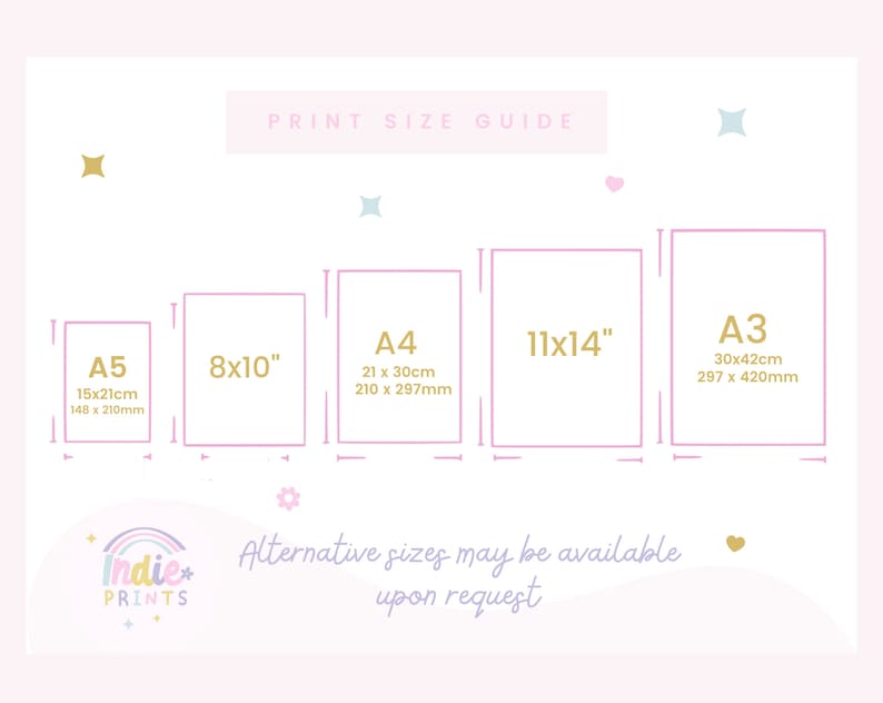 May include: Print size guide with dimensions for A5 (5.8x8.3 inches), 8x10 inches, A4 (8.3x11.7 inches), 11x14 inches, and A3 (11.7x16.5 inches) prints. The guide includes both inches and centimeters measurements. The Indie Prints logo is at the bottom.