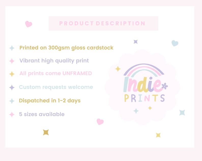 May include: A light pink graphic with the text "PRODUCT DESCRIPTION" and bullet points describing the product. The Indie Prints logo is in the bottom right corner. The text includes "Printed on 300gsm gloss cardstock".
