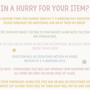 May include: Text on a cream background reads "IN A HURRY FOR YOUR ITEM?" with instructions to purchase a "RUSH MY ORDER" add-on for faster dispatch. Includes the Indie Prints Company logo and floral accents.