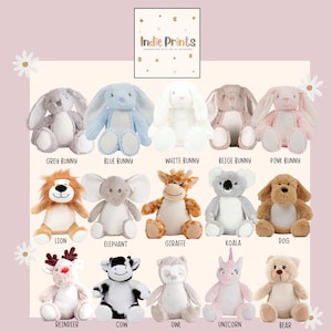 May include: A collection of plush stuffed animals in various colors and designs, including bunnies, a lion, an elephant, a giraffe, a koala, a dog, a reindeer, a cow, an owl, a unicorn, and a bear. The text "Indie Prints" is at the top.