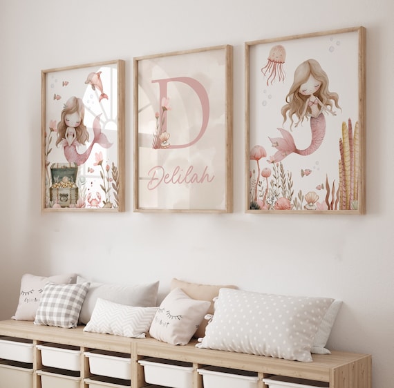 Mermaid Prints,Girls Bedroom Decor,Pink,Floral Nursery,Kids Bedroom,Toddler Room,Girly Print, Girls Wall Art,Neutral,Mermaid Decor,Girly