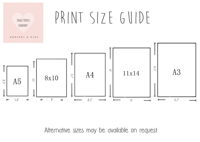 May include: Print size guide with dimensions for A5, 8x10, A4, 11x14, and A3 prints. The guide includes measurements in inches for each size, with the text "Alternative sizes may be available on request". The Indie Prints Company logo is in the upper left corner.