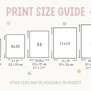 May include: Print size guide with dimensions for A5, 8x10, A4, 11x14, and A3 prints. Measurements are provided in inches and centimeters. The text "Other sizes may be available on request" is also included.