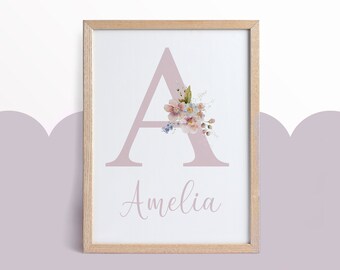 Impresión de nombre floral, impresiones de guardería para niñas, decoración de pared de guardería, rosa, floral, niña, personalizado, nuevo regalo de bebé, dormitorio, arte de pared, niña, recién nacido