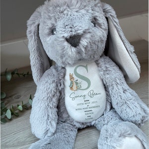 Puede incluir: Un conejo de peluche gris con orejas largas. El conejo tiene un parche blanco en el pecho con el nombre "Sonny Beau", fecha de nacimiento y detalles del peso. El conejo pesa 1,4 kg. La hora de nacimiento es 20:21.