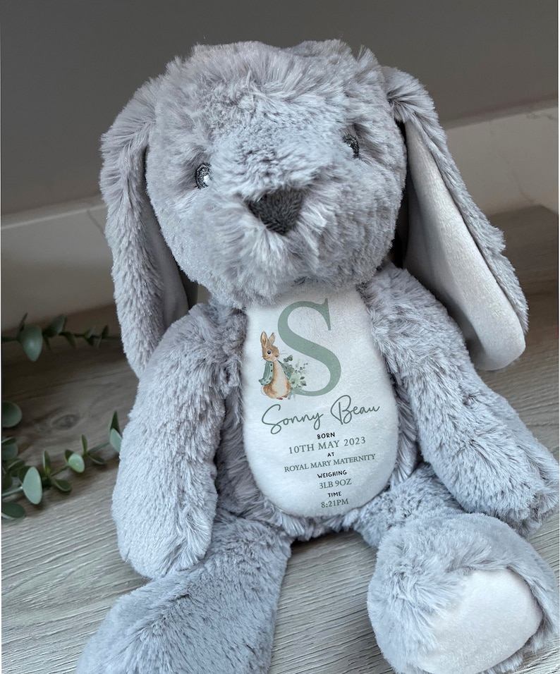 Puede incluir: Un conejo de peluche gris con orejas largas. El conejo tiene un parche blanco en el pecho con el nombre "Sonny Beau", fecha de nacimiento y detalles del peso. El conejo pesa 1,4 kg. La hora de nacimiento es 20:21.